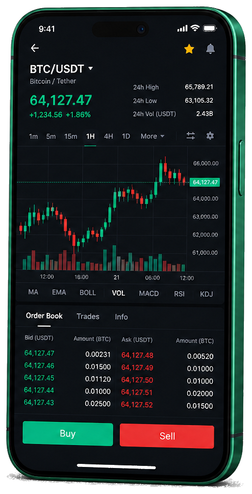 App móvil de Nexo Portaris para trading con gráficos en tiempo real de BTC/USDT, libro de órdenes y panel de control de operaciones